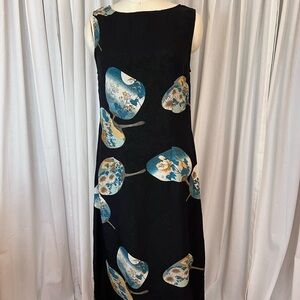 Citron Silk Asian Fan Pattern Black Sleeveless Dress